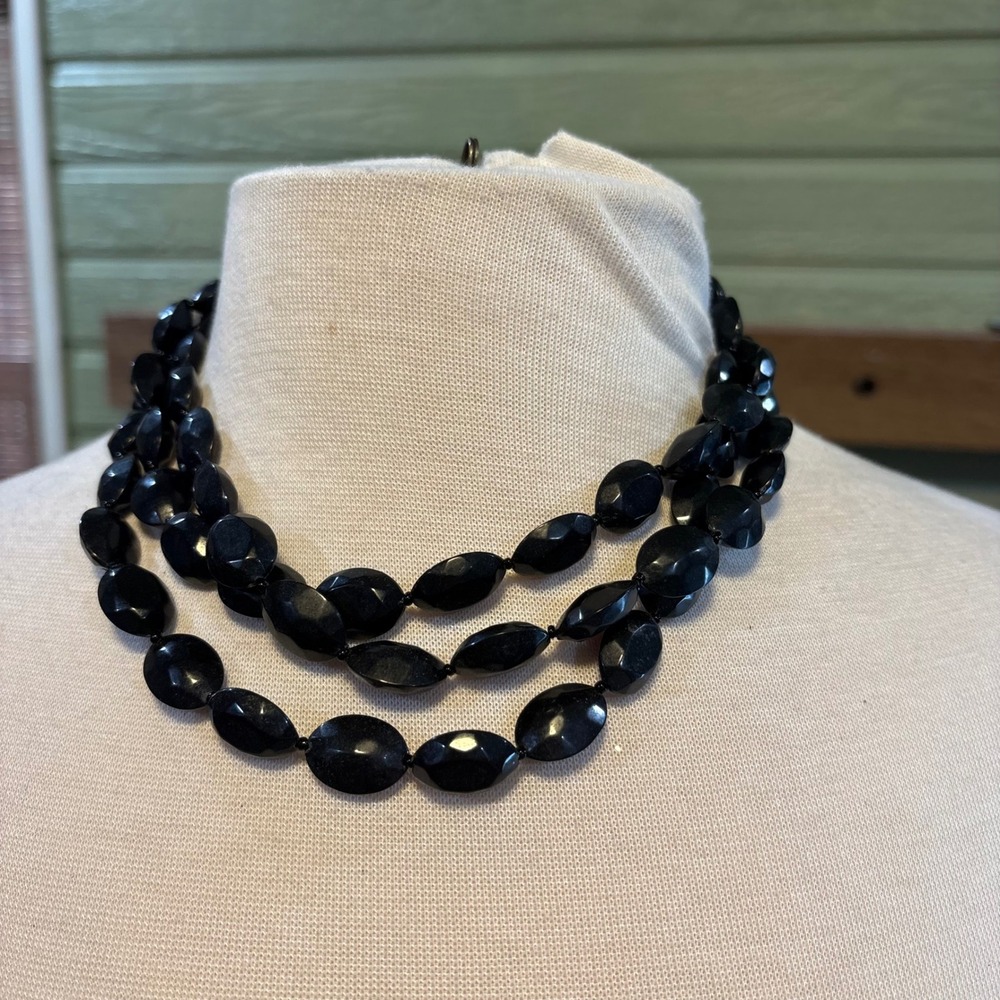 Black Multi Strand Faceted Teardrop Beaded Statement Necklace Bronze Clasp